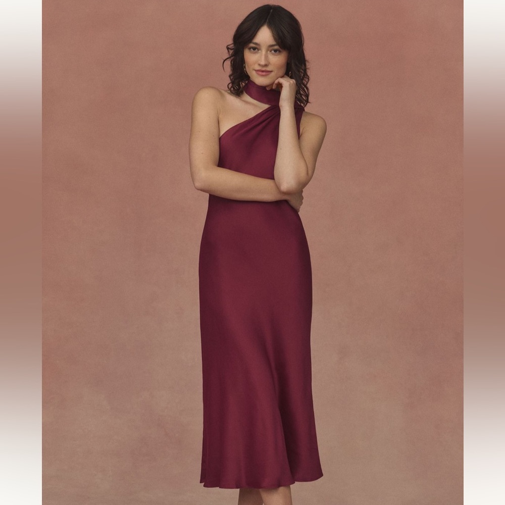 BHLDN Nicoletta one-shoulder scarf Satin midi dress in Burgundy